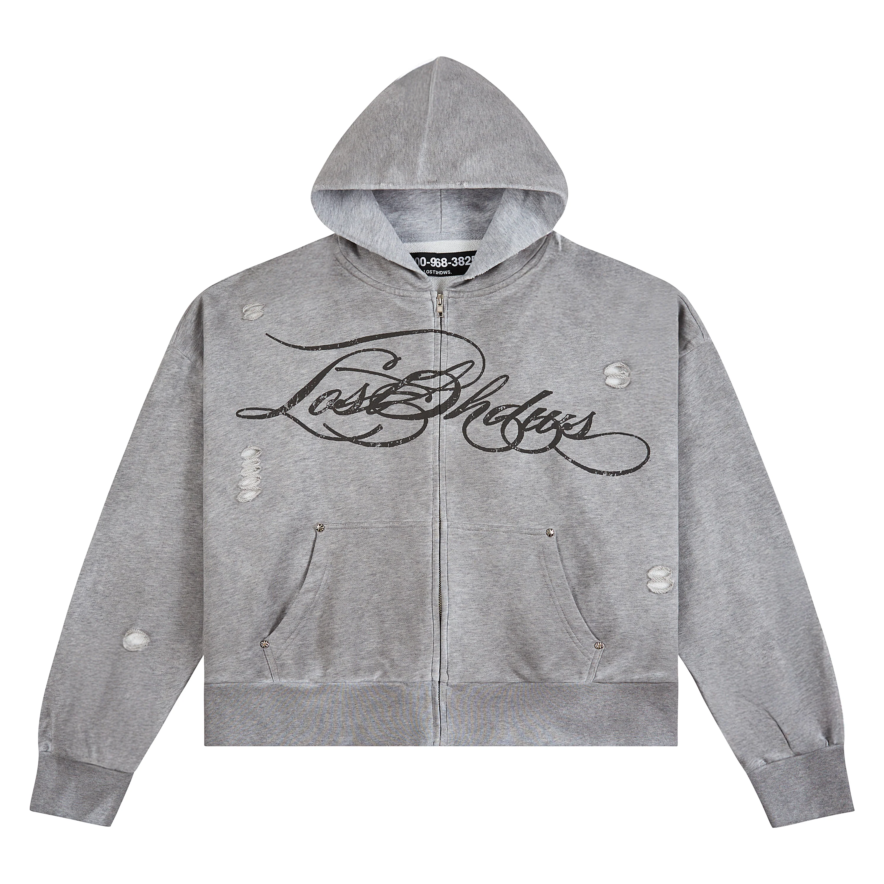 Distressed Script Zip Up Hoodie | Grey